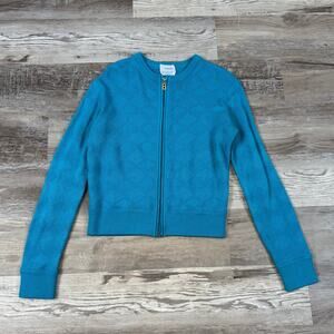 Vintage 90s Bogner Teal Blue Knit Zip Cardigan Textured Cropped Sweater